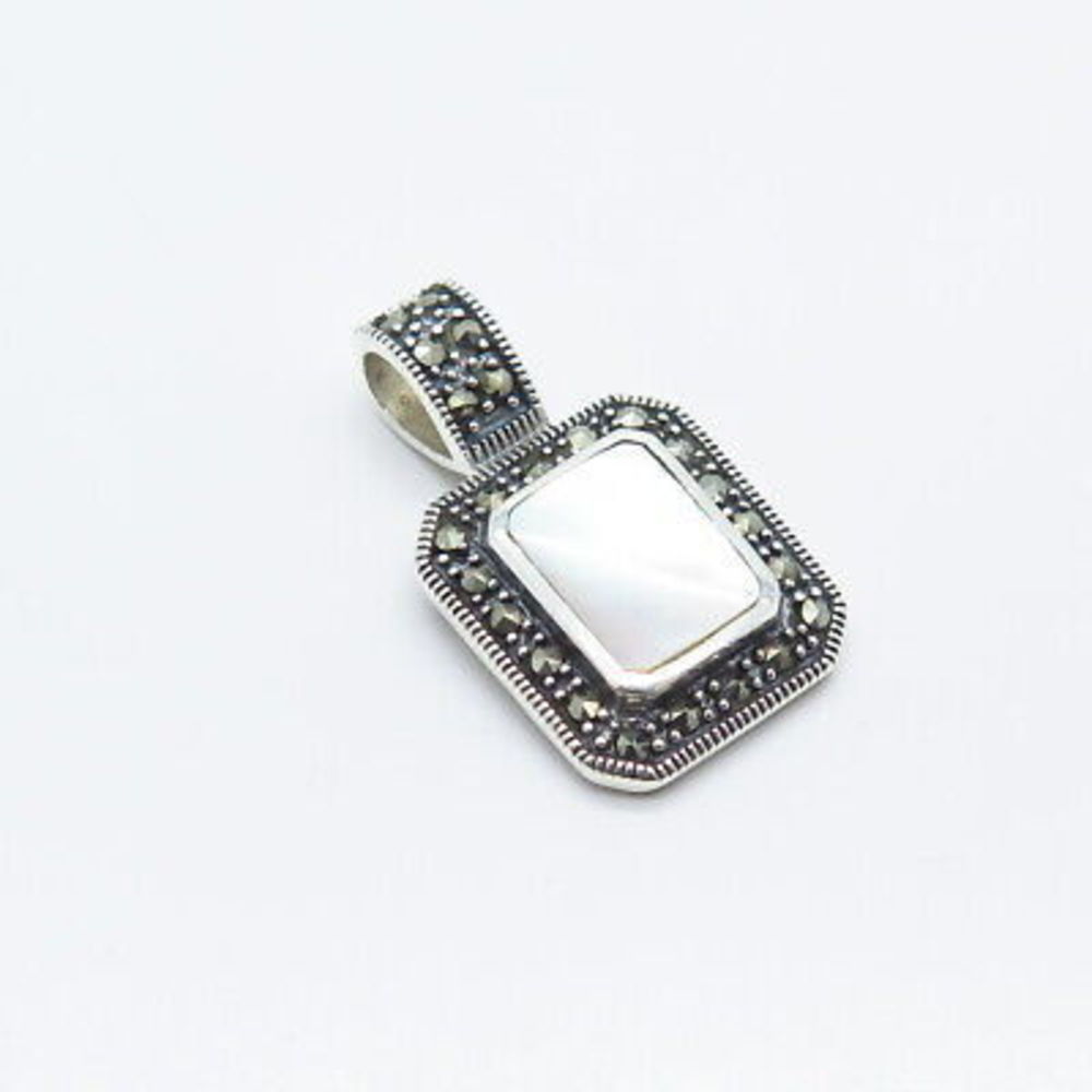 925 Sterling Silver Vintage Real Mother-of-Pearl & Marcasite Gemstone Pendant - Picture 4 of 6